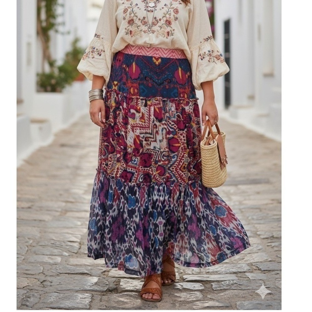 Sundance Maxi Skirt Womens PXL Multi-Color Tiered Ikat Boho Cupro Lined